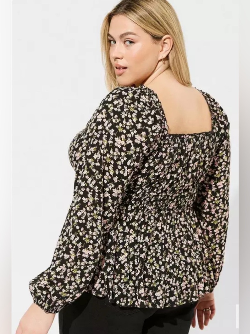 Torrid 3 Black Floral Square-Neck Peplum Blouse - Picture 2 of 4